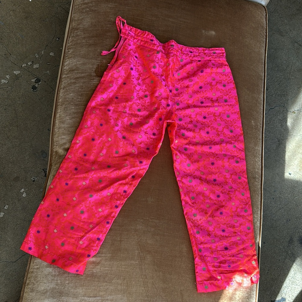 Satin Cropped Capri Summer pants Tie waist Bright pink Gold floral Green Purpl - Picture 6 of 10